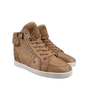 Guess Shoes Womens 9 Fashion Sneakers Hidden Wedge Lace Up Brown Faux Fur Casual